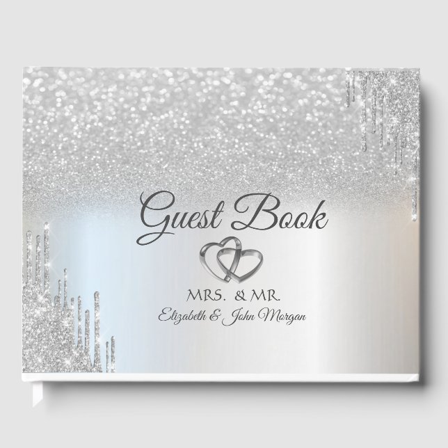 Elegant Silver Glitter Bokeh Hearts Drips Wedding  Guest Book (Front)