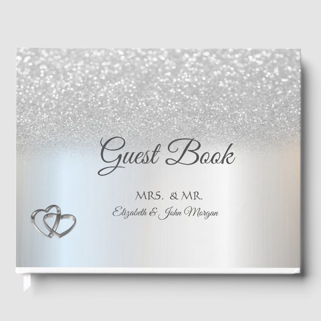Elegant Silver Glitter Bokeh Hearts Wedding Guest Book (Front)