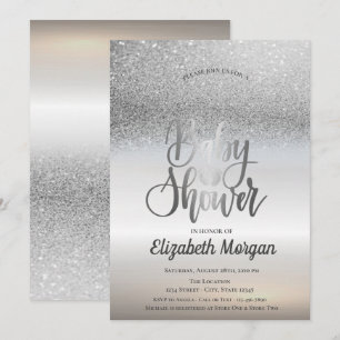 Elegant Silver Glitter Bokeh Ombre Baby Shower Invitation
