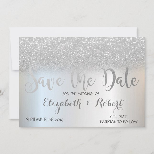 Elegant Silver Glitter Bokeh Save The Date (Front)