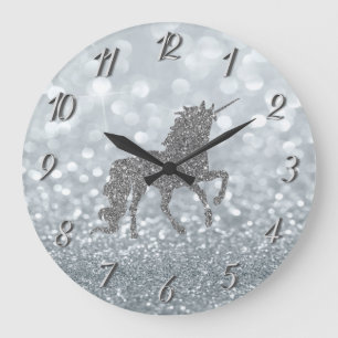 Elegant Silver Glitter Bokeh , Unicorn Large Clock