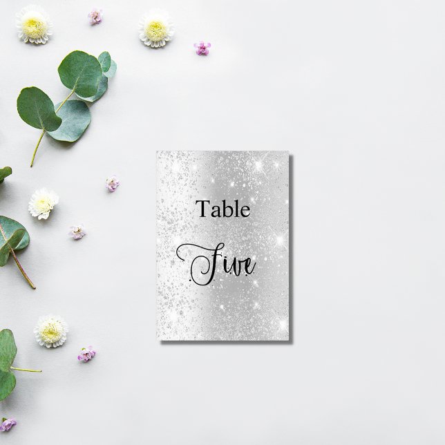 Elegant silver glitter calligraphy table five 5 table number (Creator Uploaded)