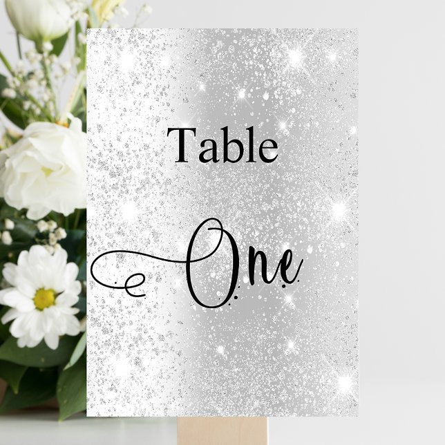 Elegant silver glitter calligraphy table one table number (Creator Uploaded)