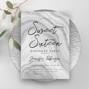 Elegant Silver Glitter Chic Marble Glam Sweet 16  Invitation
