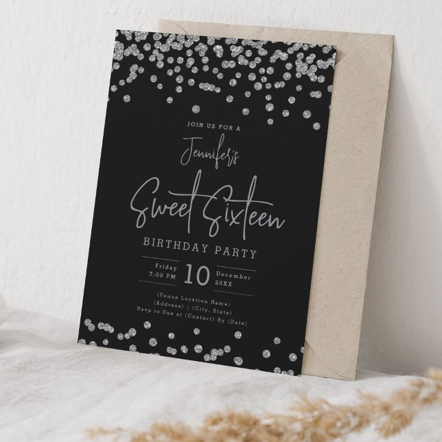 Elegant Silver Glitter Confetti Sweet 16 Black  Invitation (Elegant Silver Glitter Confetti Sweet 16 Black Invitation)