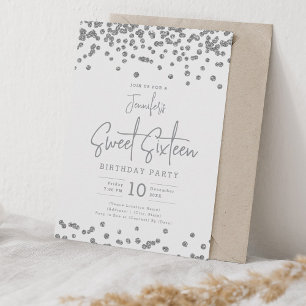 Elegant Silver Glitter Confetti Sweet 16 Party Invitation
