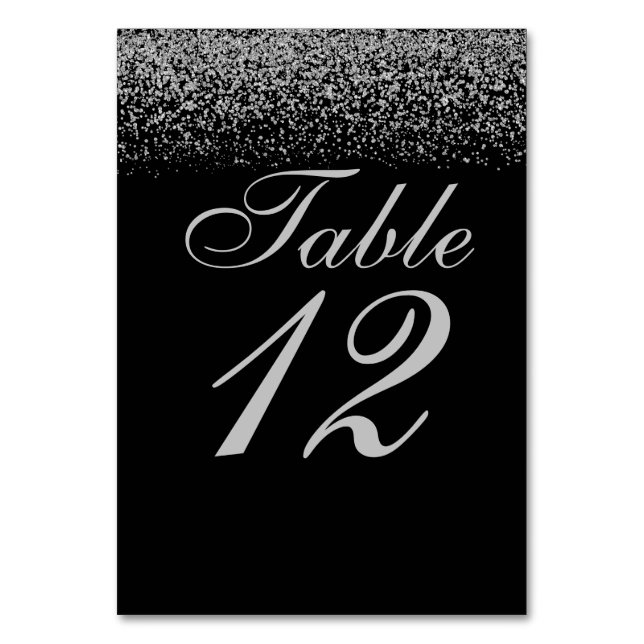 Elegant Silver Glitter Confetti Wedding Table Card (Front)