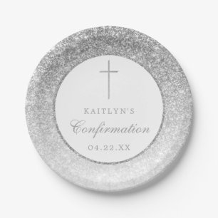 Elegant Silver Glitter Confirmation Or Baptism Paper Plate