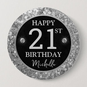 Elegant Silver Glitter Diamonds Birthday 10 Cm Round Badge