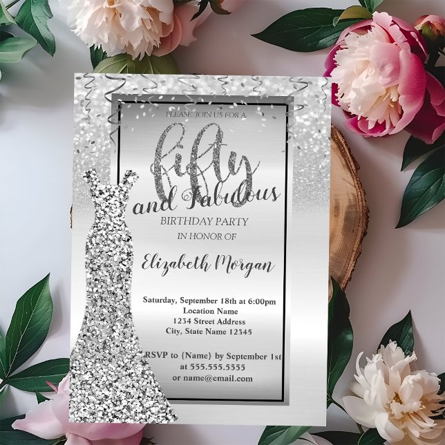 Elegant Silver  Glitter Dress 50th Birthday Party Invitation (Creator Uploaded)