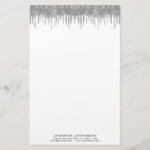 Elegant silver glitter drip stationery
