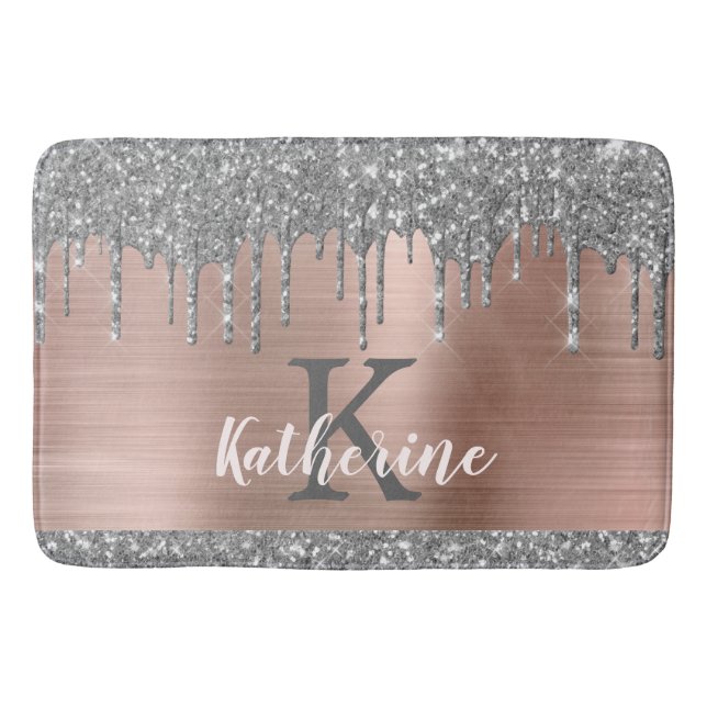 Elegant Silver Glitter Dripping Rose Gold Metal Bath Mat (Front)