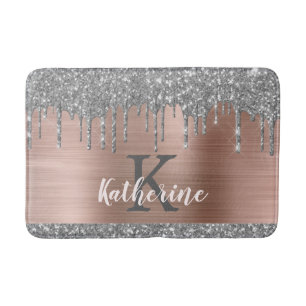 Elegant Silver Glitter Dripping Rose Gold Metallic Bath Mat