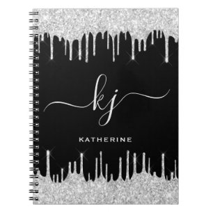 Elegant Silver Glitter Drips 2 Monogram Script Notebook
