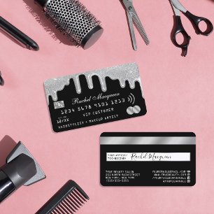 Elegant Silver Glitter Drips Black Credit Business Card