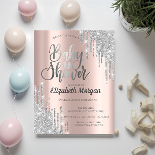 Elegant Silver Glitter Drips Rose Gold Baby Shower Invitation