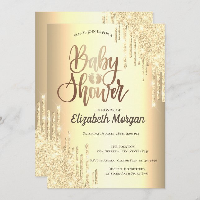 Elegant Silver Glitter Drips Rose Gold  Invitation (Front/Back)