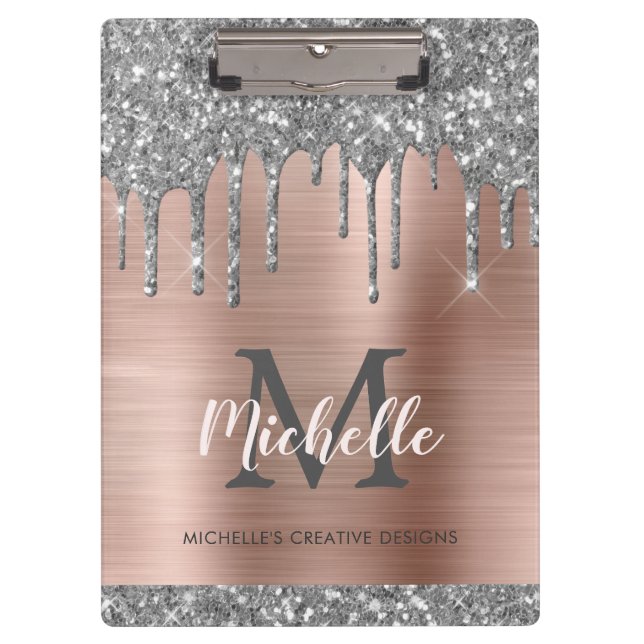 Elegant Silver Glitter Drips Rose Gold Monogrammed Clipboard (Front)