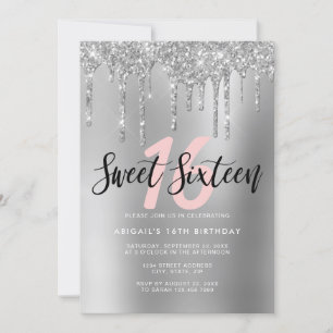 Elegant silver glitter drips sweet sixteen  invitation
