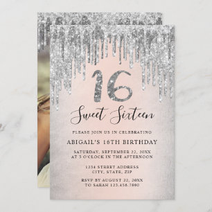 Elegant silver glitter drips sweet sixteen photo invitation