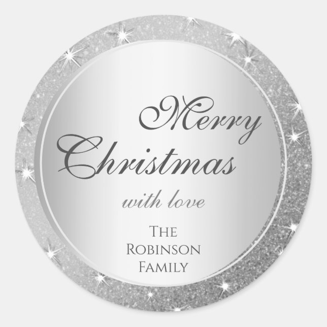 Elegant Silver Glitter Effect Modern Christmas Classic Round Sticker (Front)
