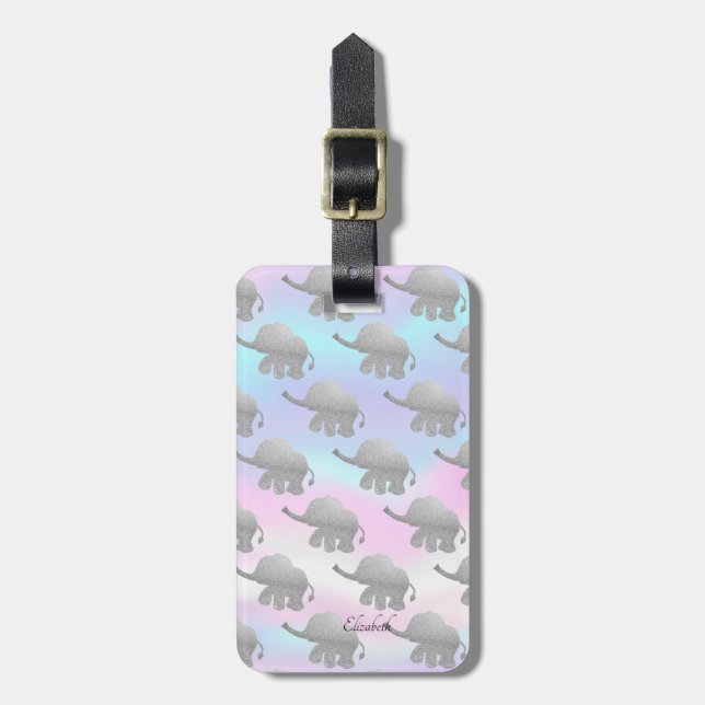 Elegant Silver  Glitter Elephants Holographic Luggage Tag (Front Vertical)