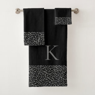 Elegant Silver Glitter Feathers on Black Monogram Bath Towel Set