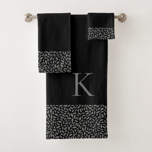 Elegant Silver Glitter Feathers on Black Monogram Bath Towel Set (Insitu)