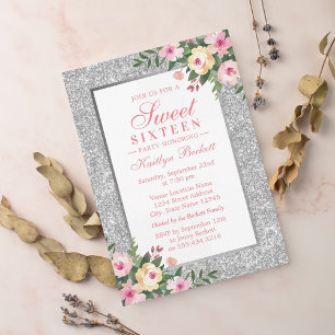 Elegant Silver Glitter Floral Sweet 16 Birthday Invitation