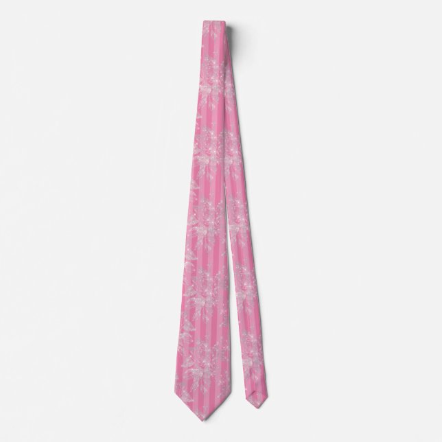 Elegant Silver Glitter Flowers Pink Stripe Pattern Tie (Front)