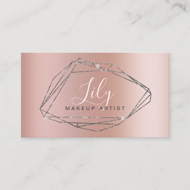 Elegant silver glitter frame metallic makeup business card (Front)