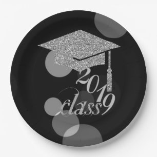 Elegant Silver Glitter Graduation Cap, Class 2019 Paper Plate