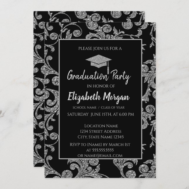 Elegant  Silver Glitter Graduation Cap,Swirls Invitation (Front/Back)