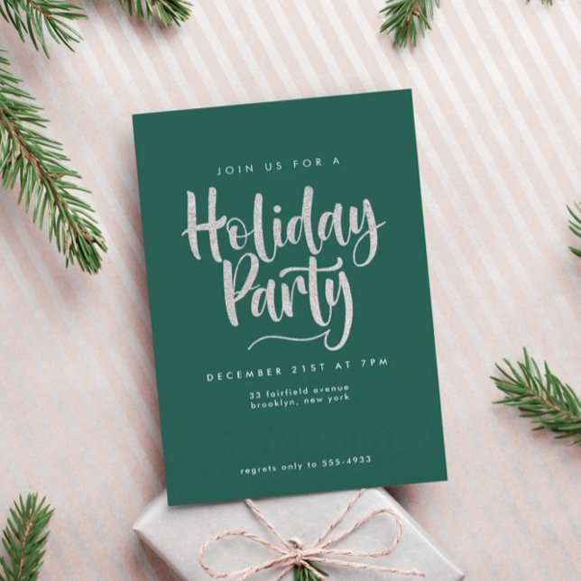 Elegant Silver Glitter Green Holiday Party Invitation (Creator Uploaded)