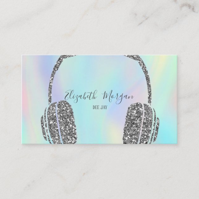 Elegant Silver Glitter Headphone Holographic Business Card (Front)