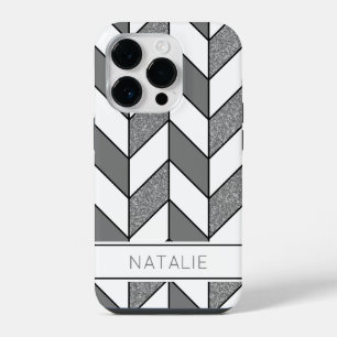 Elegant Silver Glitter Herringbone Chevron Pattern iPhone 14 Pro Case