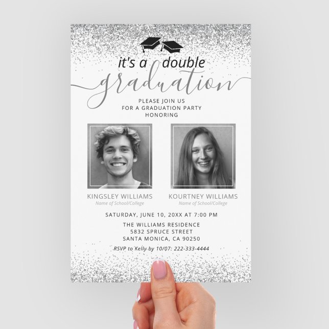 Elegant Silver Glitter Joint Graduation Photo Invitation (Creator Uploaded)