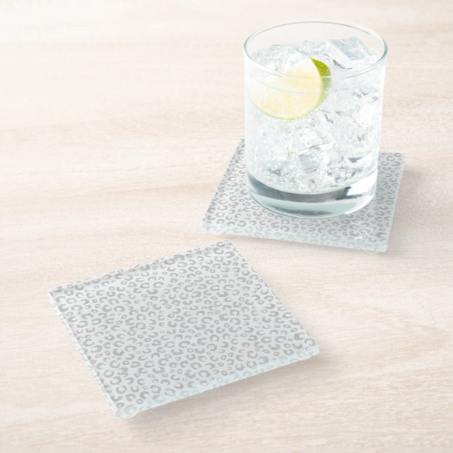 Elegant Silver Glitter Leopard Pattern Glass Coaster (Angled)