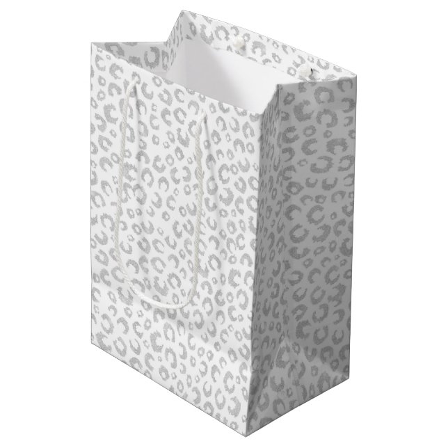 Elegant Silver Glitter Leopard Pattern Medium Gift Bag (Front Angled)