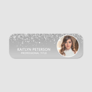 Elegant Silver Glitter Magnetic Employee Photo ID Name Tag