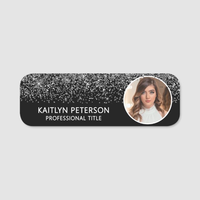Elegant Silver Glitter Magnetic Employee Photo Name Tag (Front)