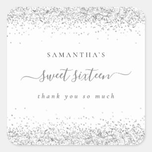 Elegant Silver Glitter Name Sweet 16 Thank You Square Sticker
