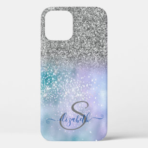 Elegant Silver Glitter Ombre,Diamonds Monogram iPhone 12 Case