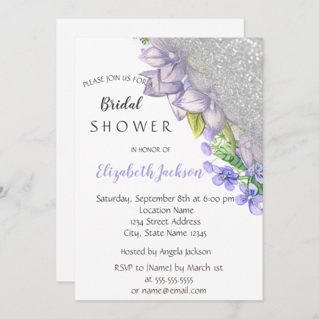 Elegant Silver Glitter Ombre,Flowers Bridal Shower Invitation (Front/Back)