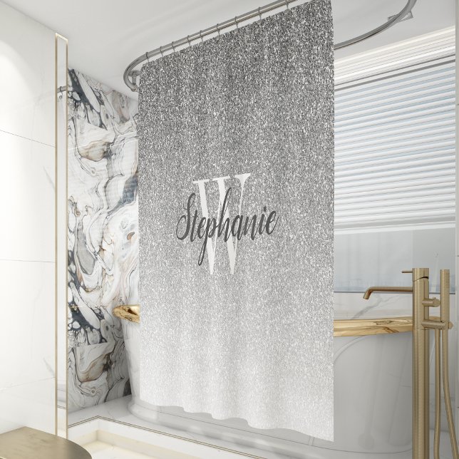 Elegant Silver Glitter Ombre Monogram Shower Curtain (Creator Uploaded)