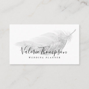 Elegant silver glitter pastel grey feather modern business card