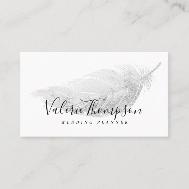 Elegant silver glitter pastel grey feather modern business card (Front)