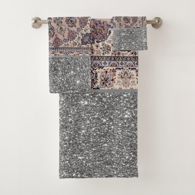 Elegant Silver Glitter Persian Turkish Carpet Bath Towel Set (Insitu)