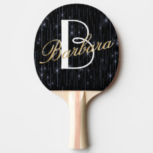 Elegant Silver Glitter Plus Custom Monogram Name   Ping Pong Paddle