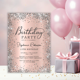 Elegant Silver Glitter Rose Gold 13th Birthday  Invitation